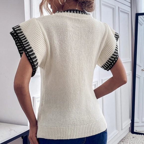 beige ribbed knit contrast binding sweater vest chic preppy classy - Picture 3 of 7